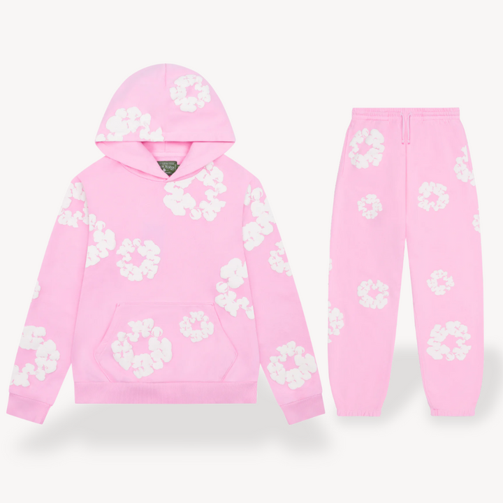Red unisex floral graphic hoodie and jogger matching set, ideal for casual and active wear.