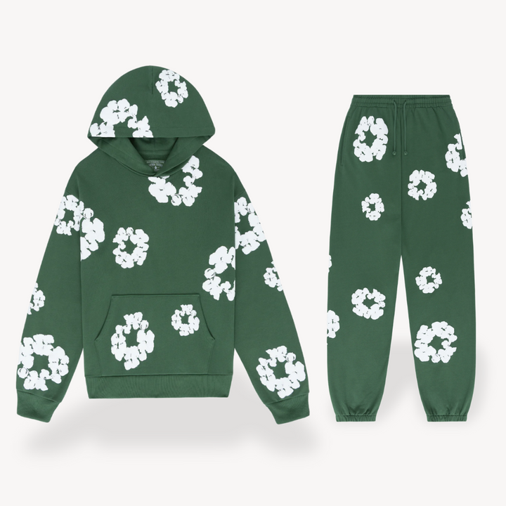 Unisex floral graphic hoodie with drawstring and matching jogger pants for ultimate comfort.