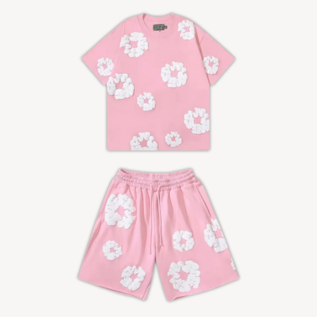 Unisex floral tee and shorts set. Comfortable two-piece summer outfit with vibrant flower print.