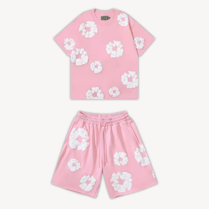 Unisex floral tee and shorts set. Comfortable two-piece summer outfit with vibrant flower print.
