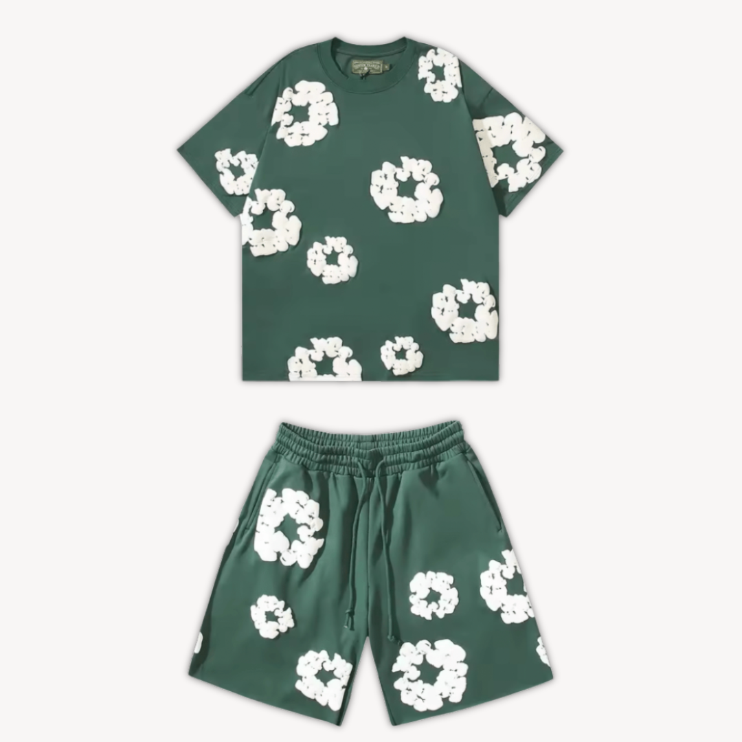 Complete floral two-piece set: short sleeve tee & matching shorts. Trendy women's casual comfort outfit.