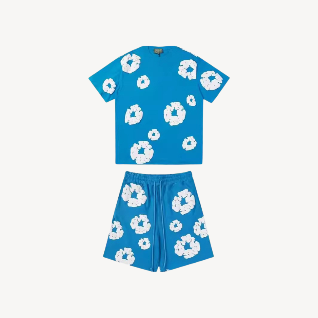 Casual comfort floral matching set for women. Short sleeve tee & printed shorts, perfect loungewear.