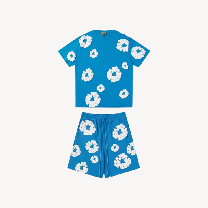 Casual comfort floral matching set for women. Short sleeve tee & printed shorts, perfect loungewear.