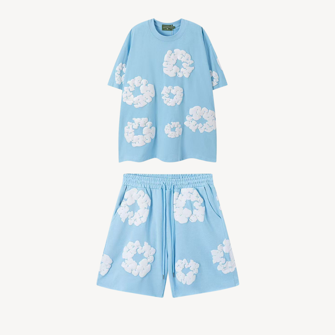 Trendy floral tee and shorts set, ideal for summer. Stylish unisex two-piece for everyday casual wear.