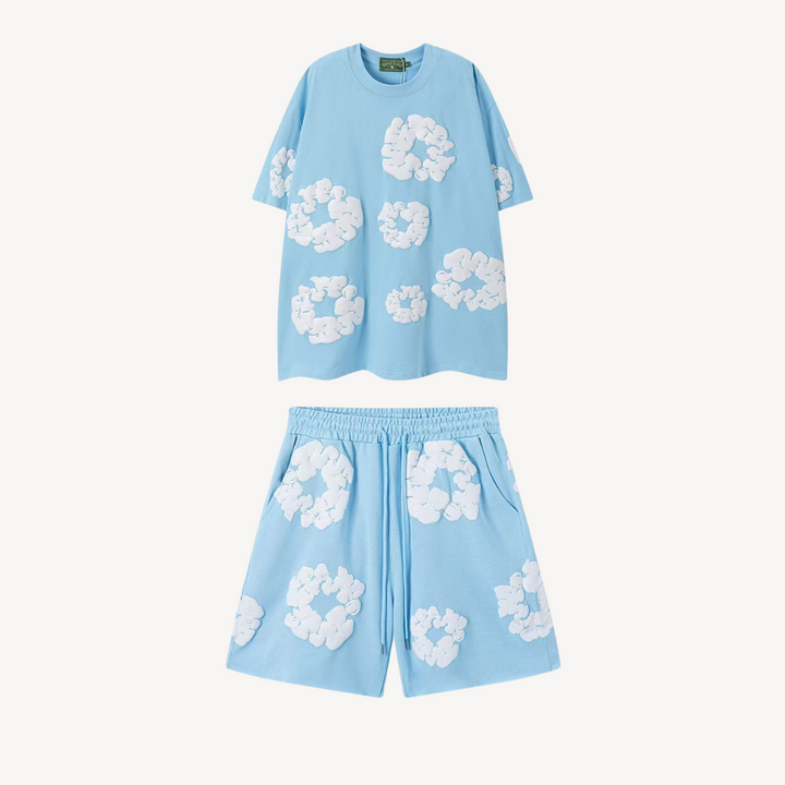 Trendy floral tee and shorts set, ideal for summer. Stylish unisex two-piece for everyday casual wear.