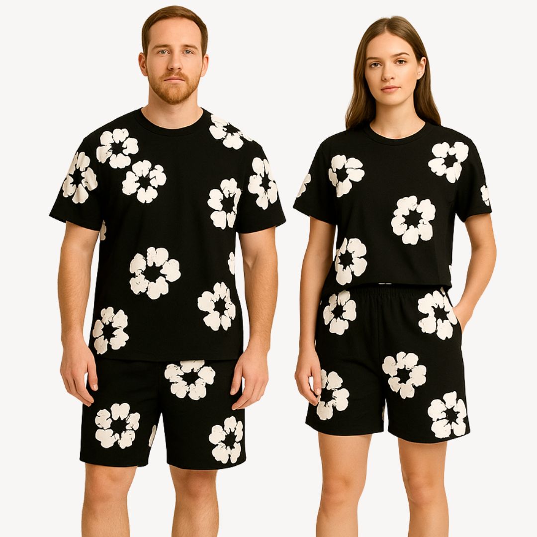 Vibrant floral print tee and shorts set. Unisex summer outfit for ultimate comfort and casual style.