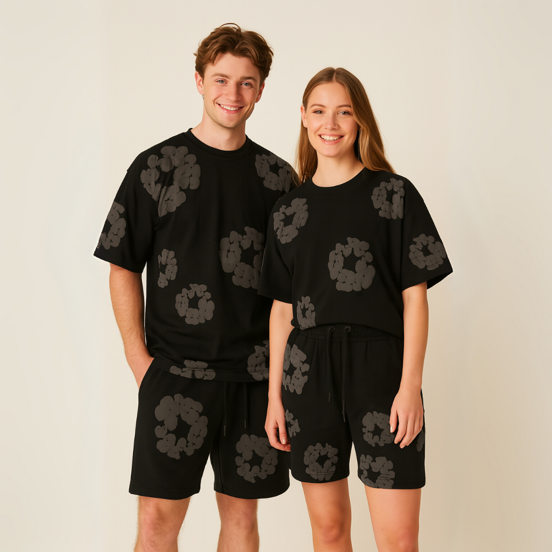 Model wearing a comfortable unisex floral tee and shorts set. Trendy summer casual outfit for women.
