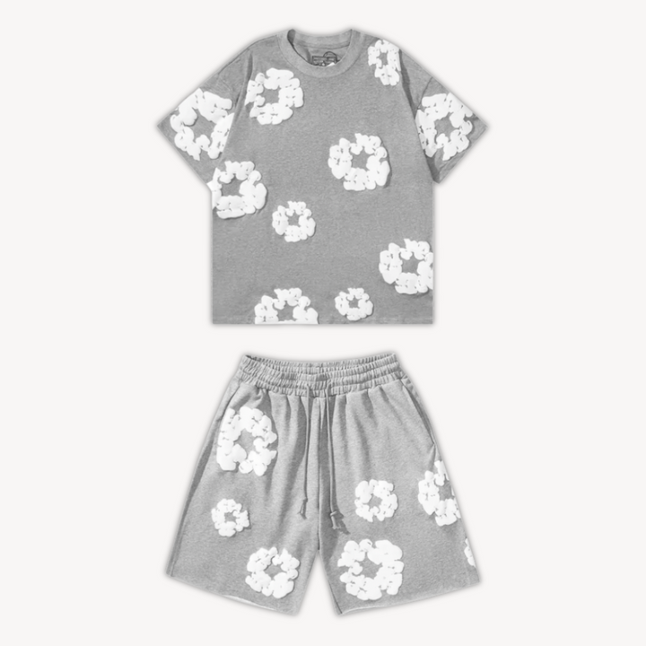 Lightweight floral tee and shorts set. Breathable unisex casual wear, ideal for warm weather comfort.