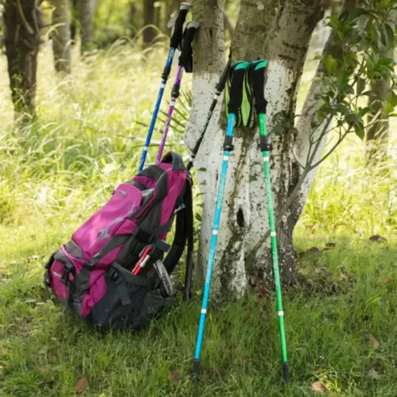 Fully extended unisex aluminum hiking pole with adjustable height. Provides sturdy trail support & stability.