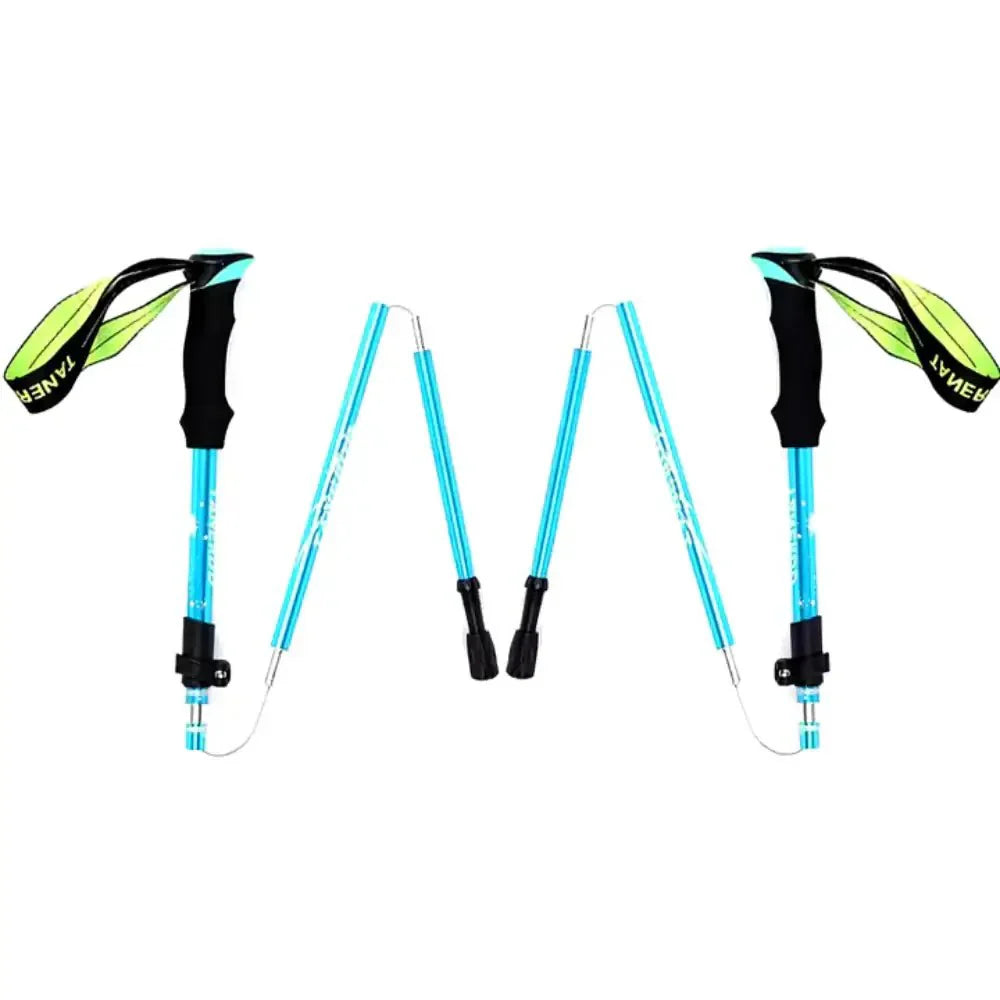 Close-up of ergonomic grip on a foldable aluminum hiking pole. Comfortable non-slip handle for trail support.