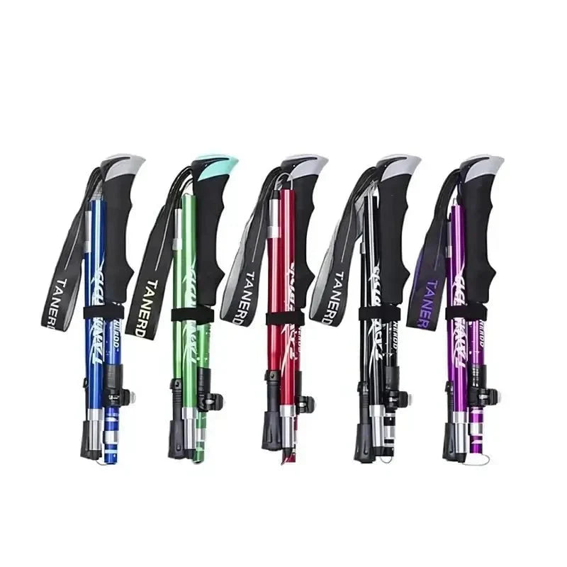 Adjustable height aluminum trekking pole for hiking. Versatile foldable walking stick for all outdoor adventures.