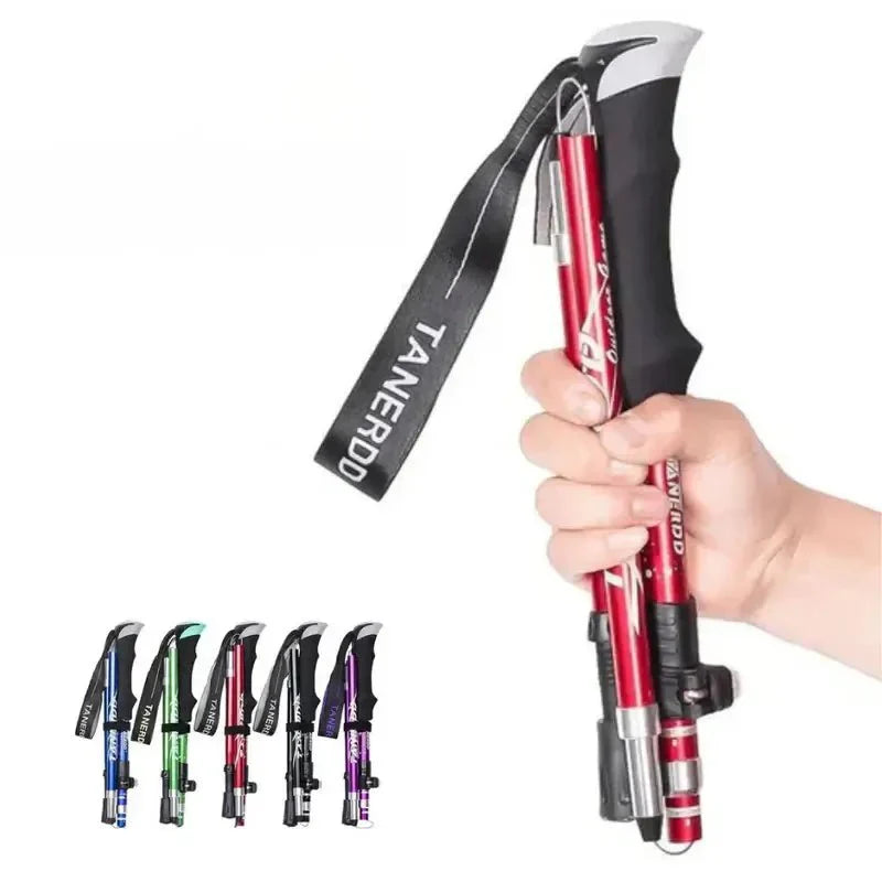 Lightweight, foldable aluminum trekking pole, perfect for backpacking & easy storage. Essential trail support.
