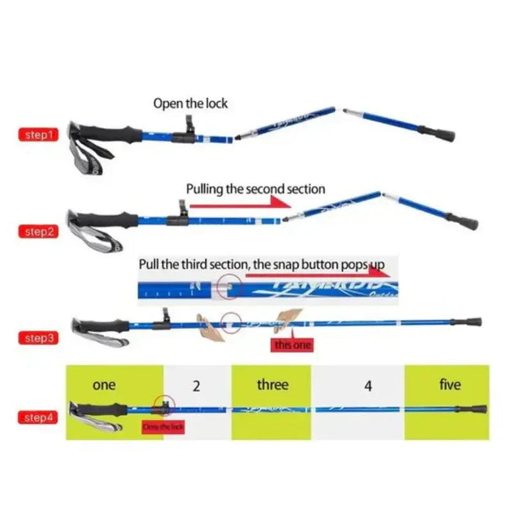Robust aluminum trekking pole, ideal for hiking, walking, and trail adventures. Foldable & reliable support.