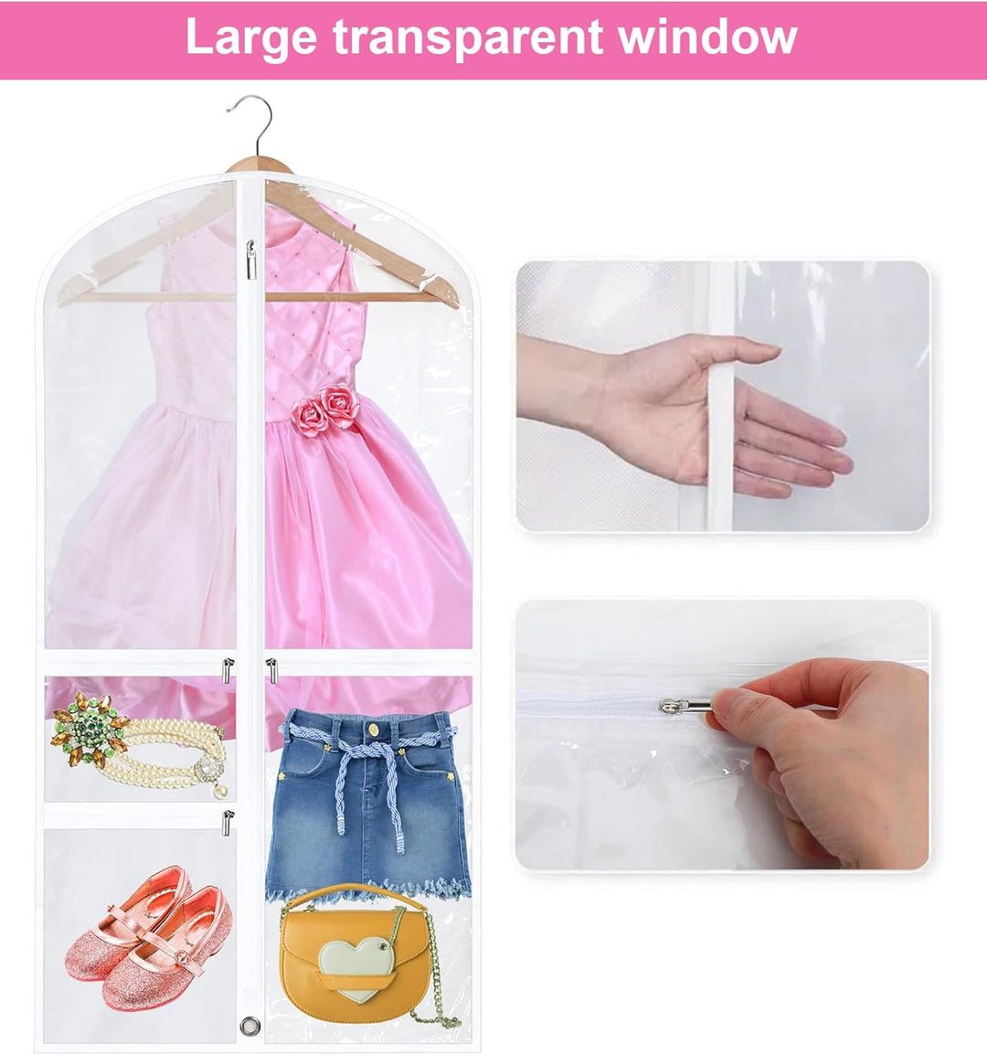 Foldable dance garment bags with multiple zipped pockets for dancewear accessories & costume storage. Travel-friendly.