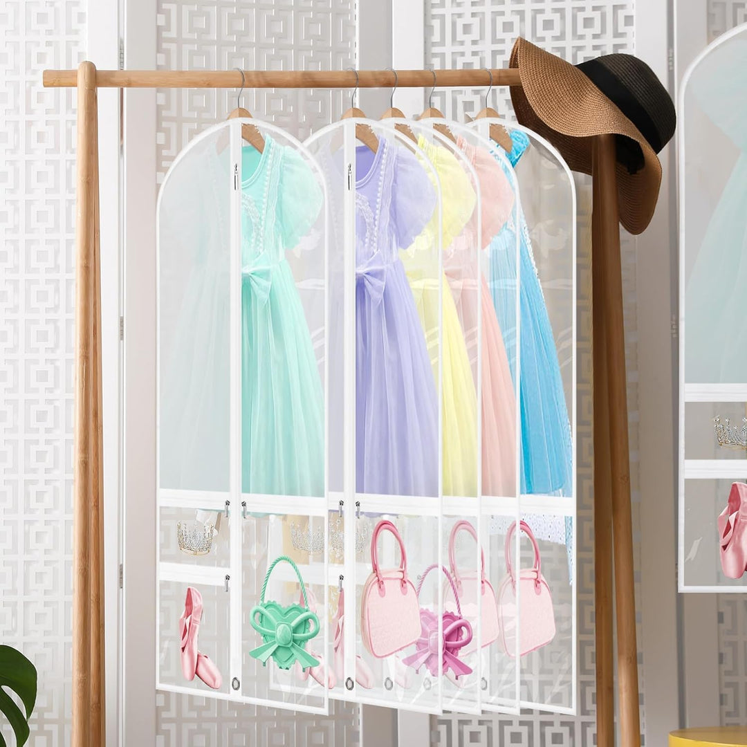 Foldable dance garment bags (5-pack) for organized dancewear & costume storage. Zipped pockets for accessories.