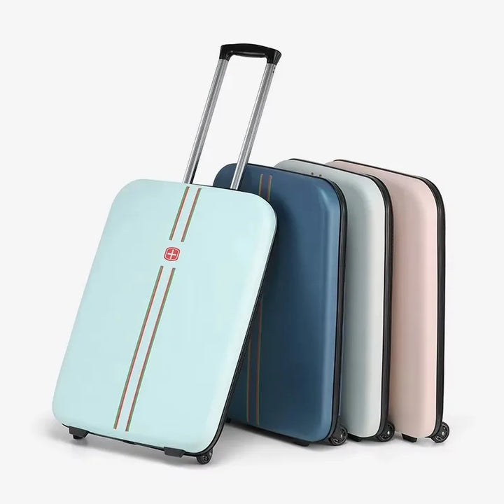 Unisex foldable hard shell suitcase; space-saving, durable rolling luggage for travel efficiency.