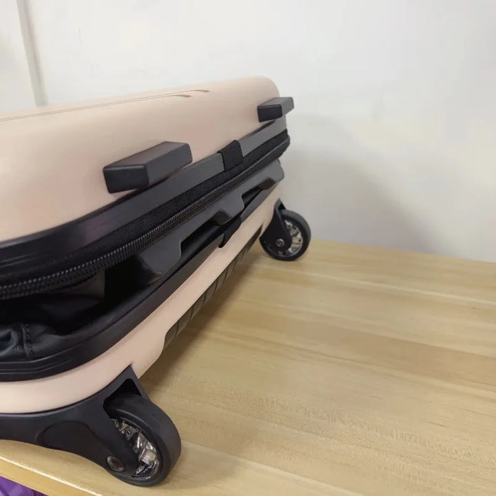 Compact foldable hard shell carry-on suitcase, space-saving design for easy storage and travel.