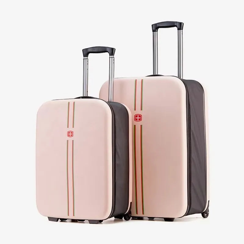 Expandable hard shell check-in suitcase; foldable, space-saving for convenient storage & travel.