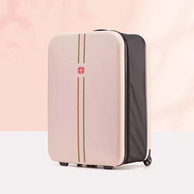 Modern space-saving foldable hard shell luggage; durable, easy-to-store rolling travel bag.