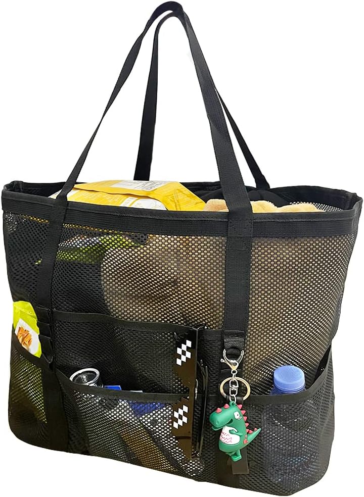 Unisex foldable mesh beach tote bag with 9 pockets, perfect for family pool days & vacations.