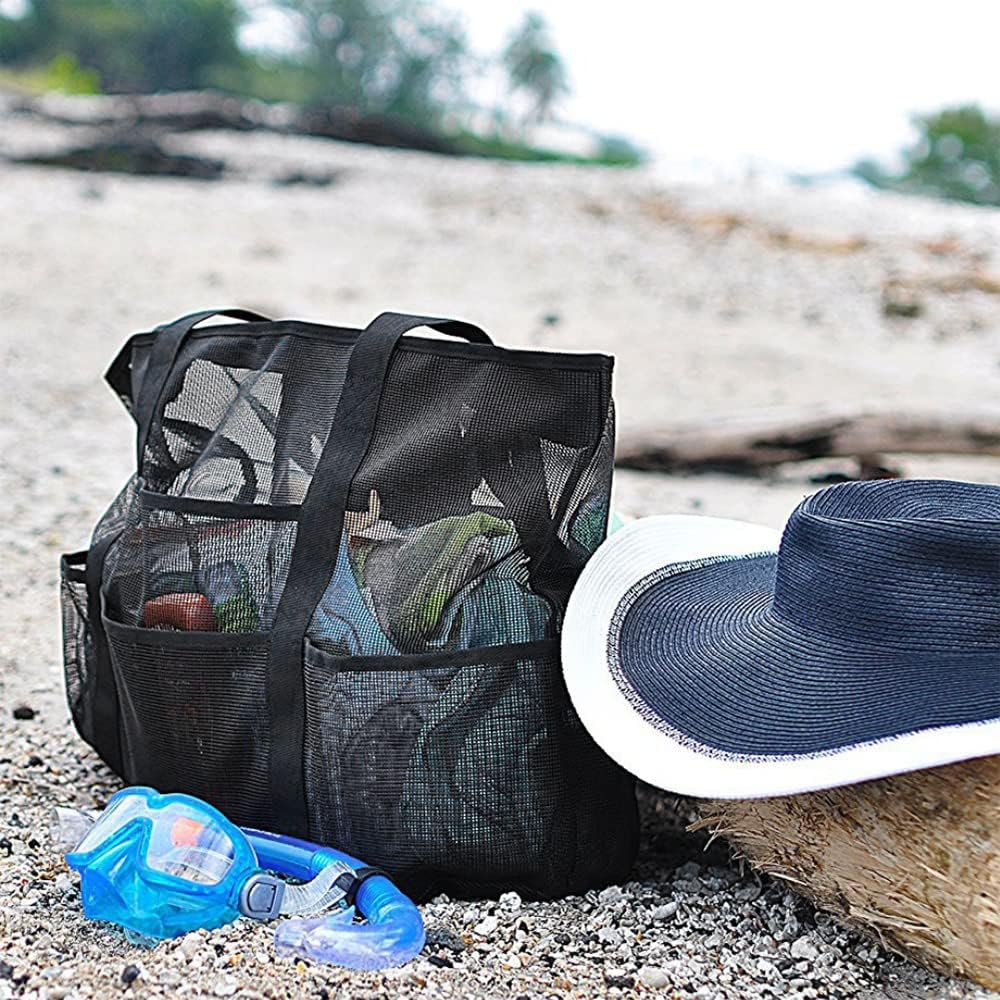 Large capacity mesh beach bag with 9 organizer pockets, ideal for family travel to the pool or beach.