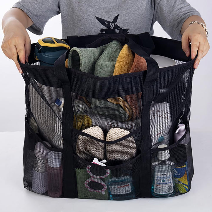 Foldable mesh travel tote bag. Unisex design with 9 pockets for easy beach, pool, or vacation essentials.