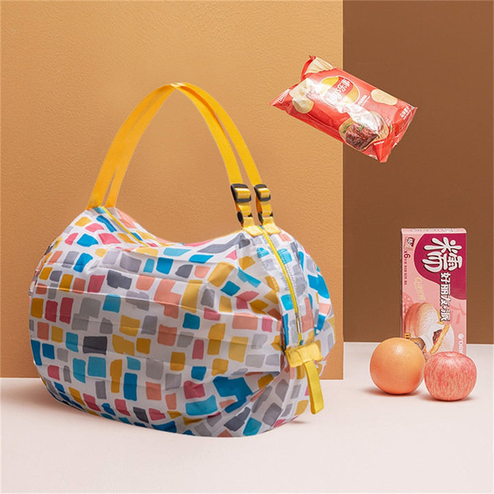 Compactly folded unisex shopping tote, portable and lightweight, perfect for travel & easy storage.