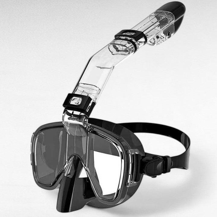 Unisex foldable snorkel mask with 180° panoramic view for watersports & underwater exploration.
