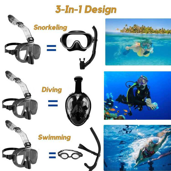 Full face snorkel mask featuring 180° panoramic view, anti-fog & dry top for watersports.
