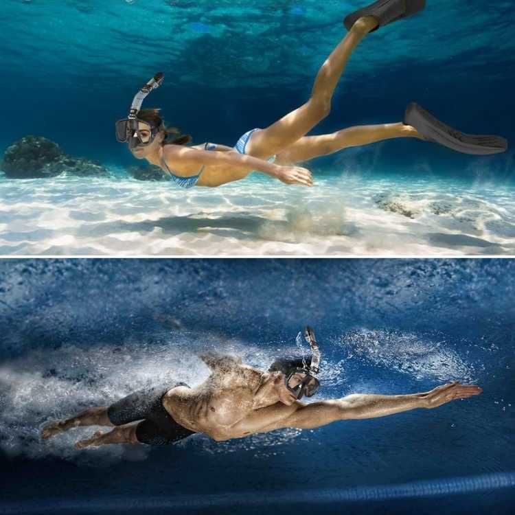 Unisex diving gear: foldable snorkel mask, anti-fog, dry top for clear underwater views.