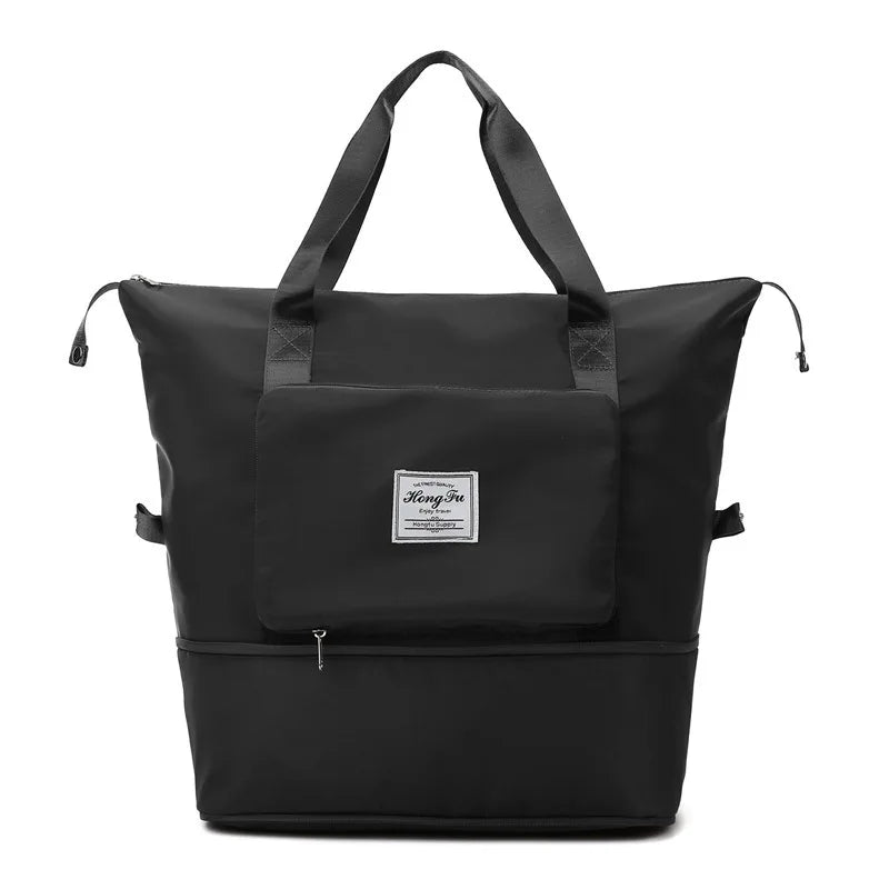 Expandable travel duffle bag shown fully opened, offering extra space for longer trips or shopping.