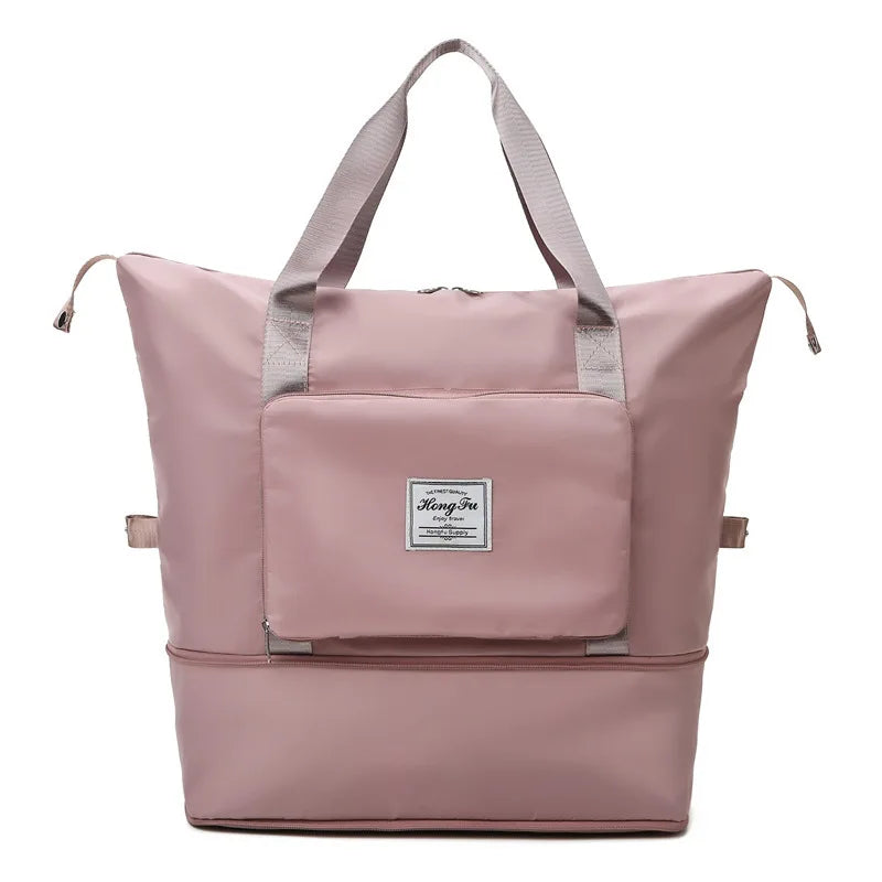 Lightweight folding duffle bag shown compactly folded, ideal for easy storage or as an extra bag.