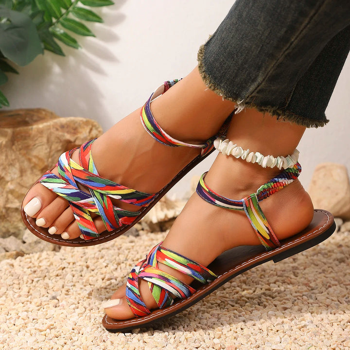 Top-down view of durable vegan strappy sandals, suitable for unisex everyday summer wear