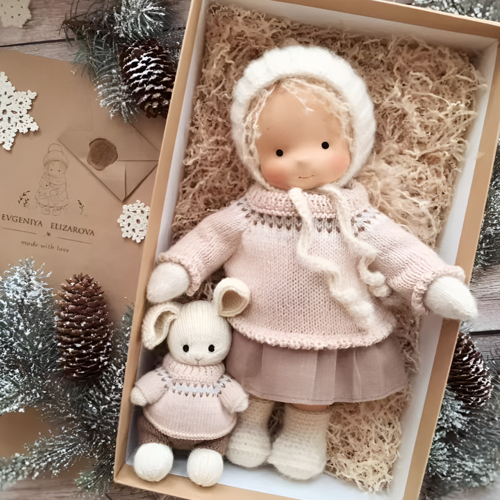 Waldorf doll lying on soft blanket, ready for naptime, cuddly companion for children, wool toy