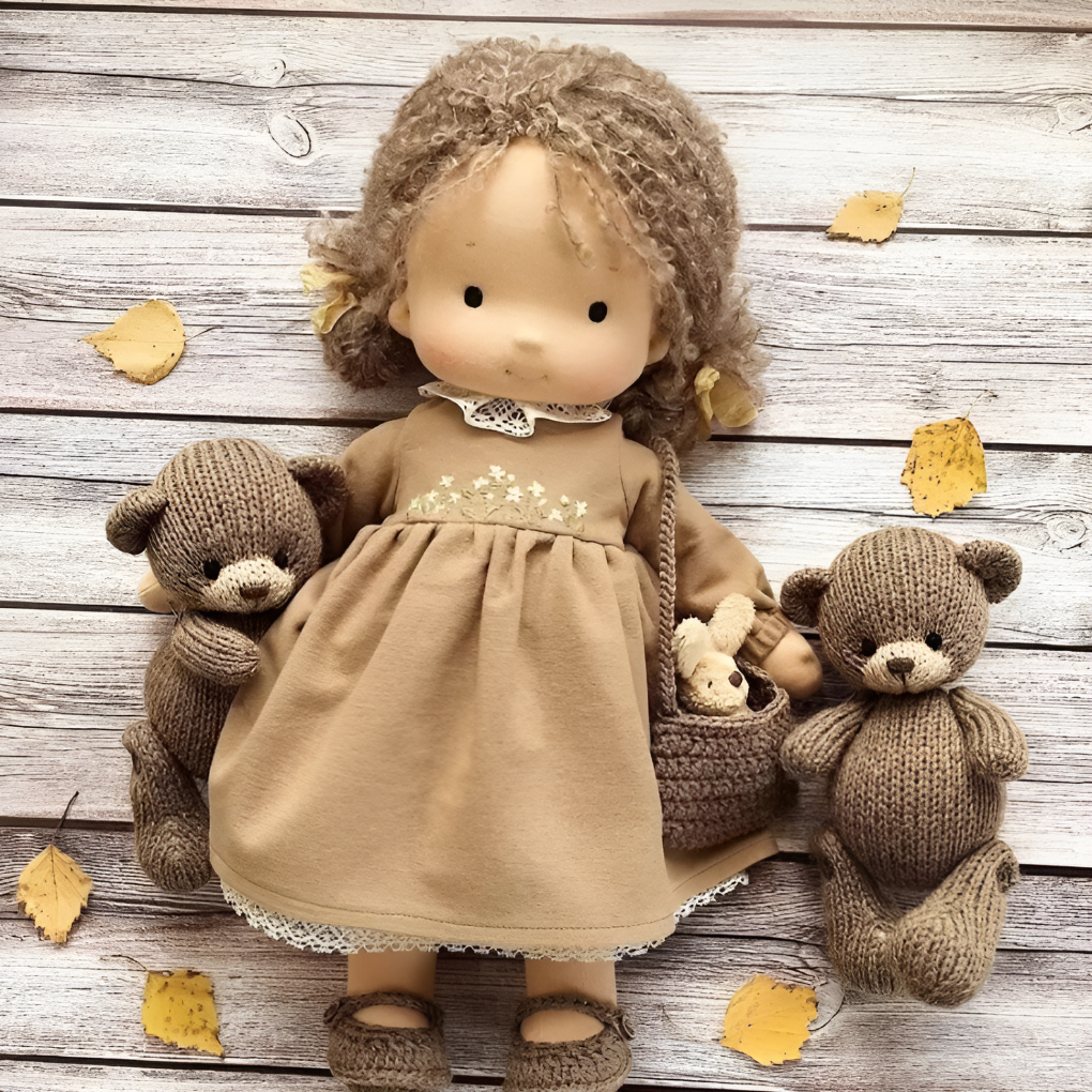 Artistic shot of Waldorf doll, emphasizing natural textures, handmade quality, organic cotton