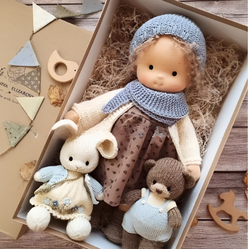 Waldorf doll from behind, showing braided wool hair, handcrafted detail, unique children's gift