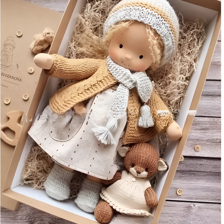 Organic Waldorf doll with a book, promoting gentle play, educational toy, natural materials