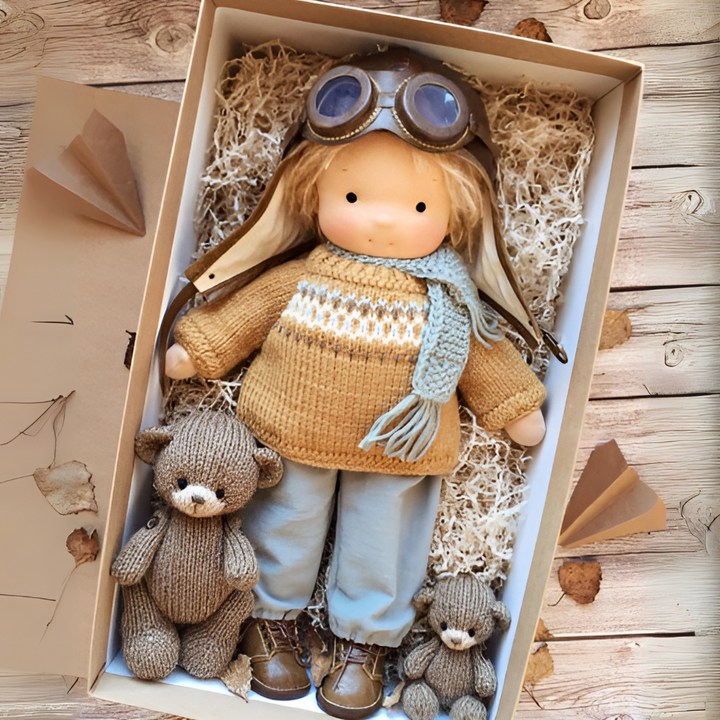 Waldorf doll in a sunlit room, highlighting its warmth and comforting presence, wool & cotton