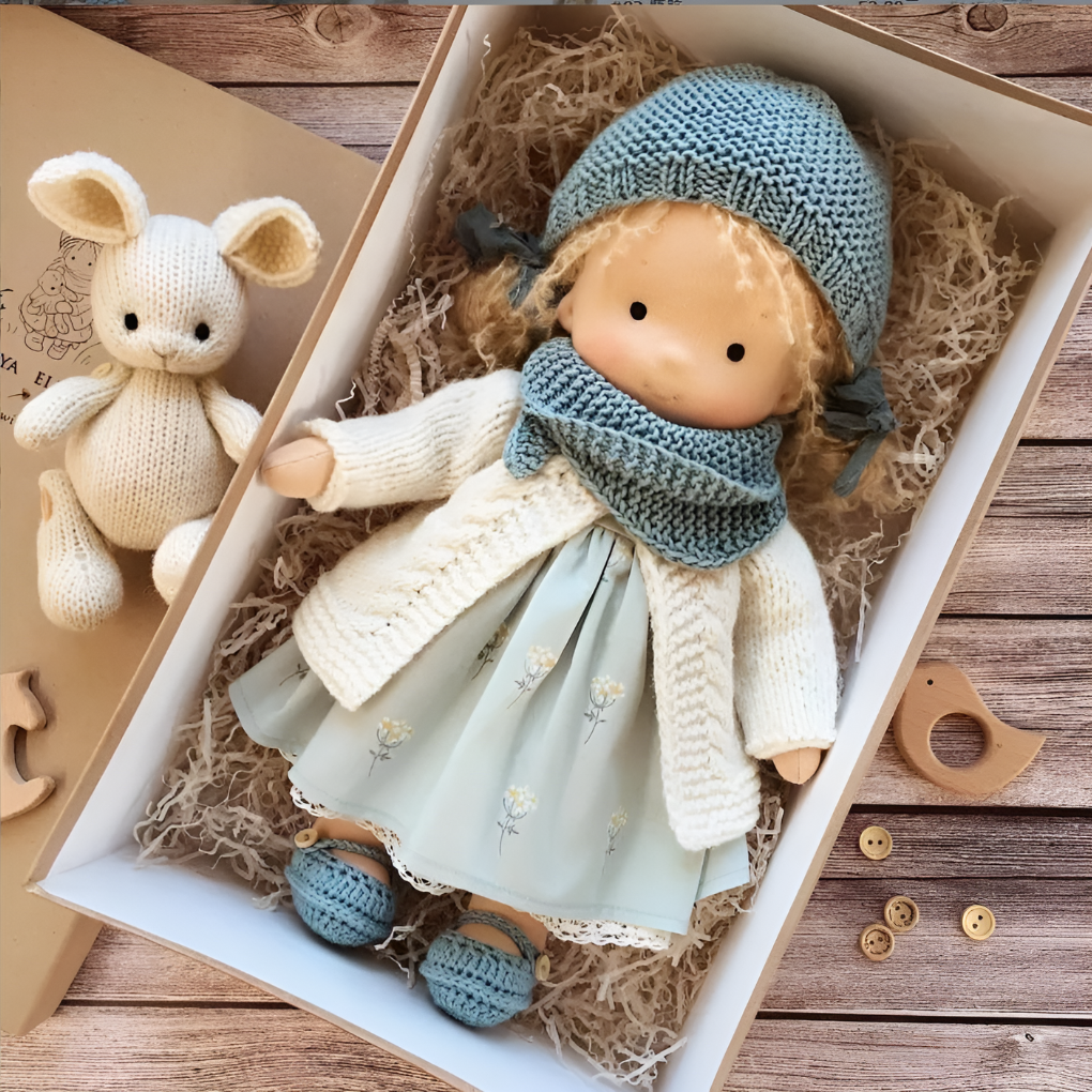 Unisex Waldorf doll standing next to wooden blocks, natural materials play, educational toy