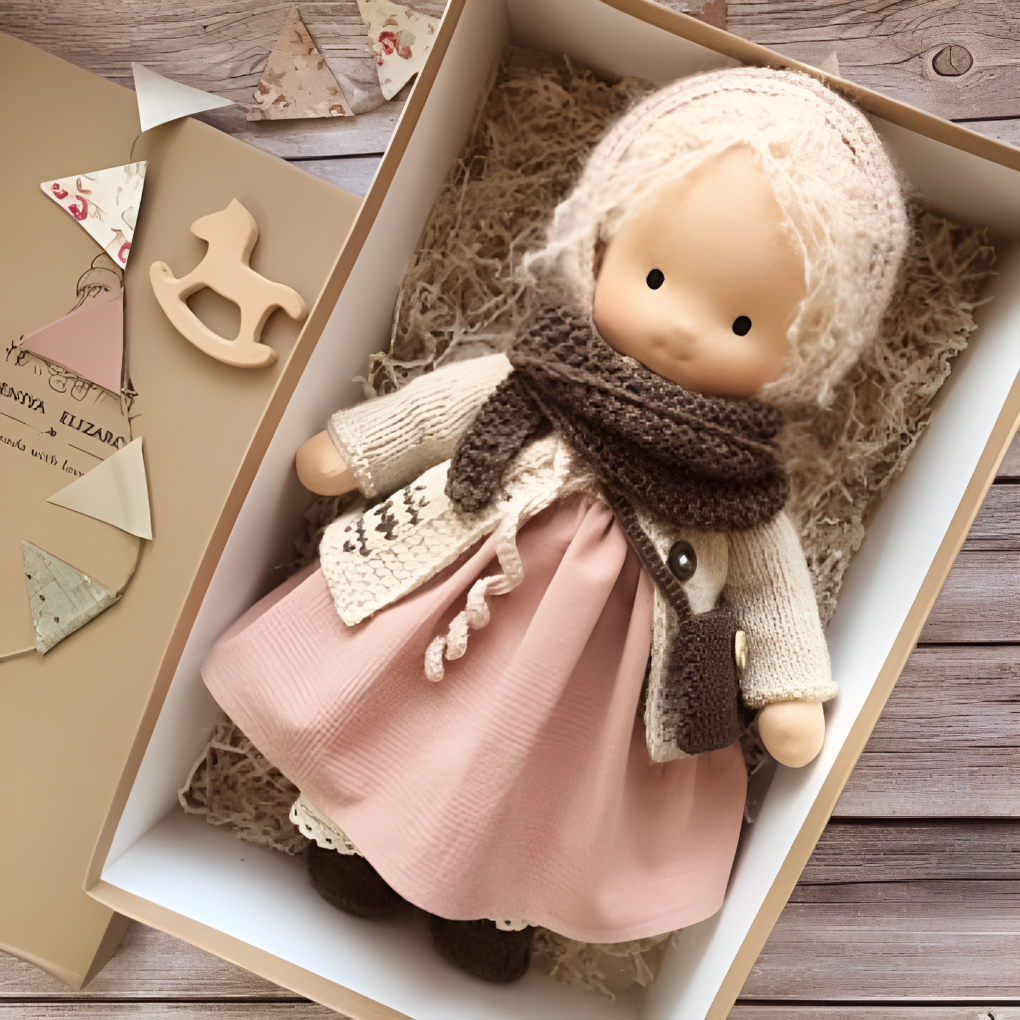 Close-up of organic cotton Waldorf doll, soft wool hair, natural materials for children's gift