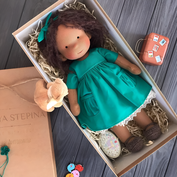 Gentle hands arranging organic Waldorf doll for display, showcasing its artistry & quality