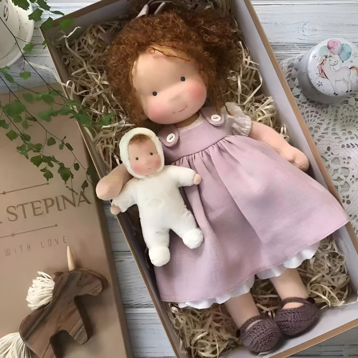 Waldorf doll with a small knitted scarf, adding charm to the handmade organic toy, wool doll