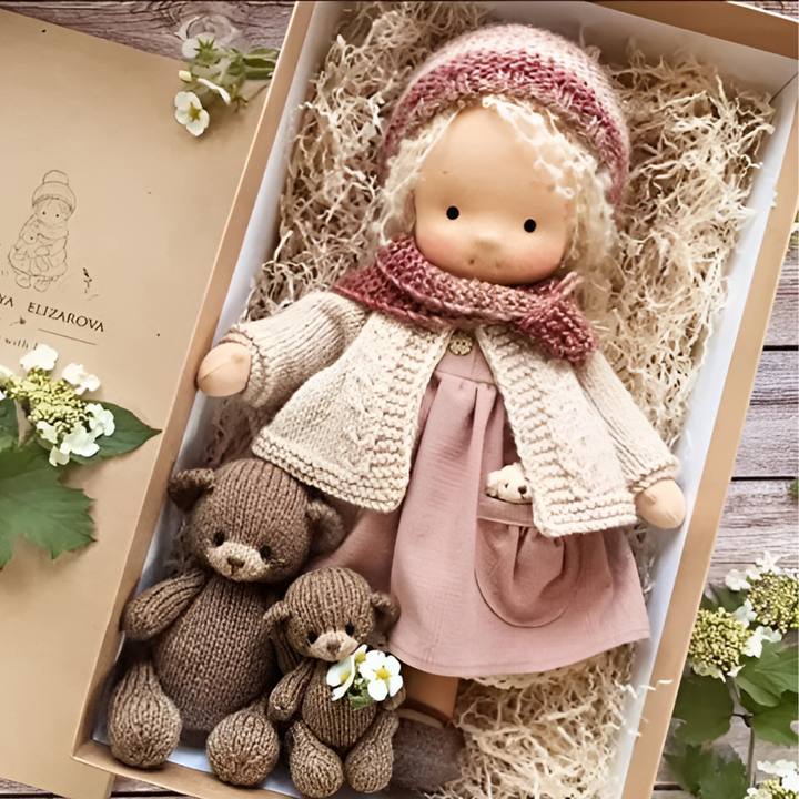 Close-up of Waldorf doll's feet, showing simple shoe design, natural cotton & wool construction