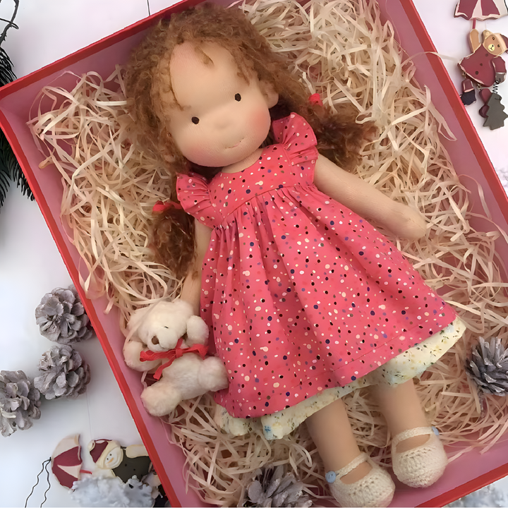 Handmade Waldorf doll with a soft, pliable body, ideal for hugging, organic cotton, wool filled