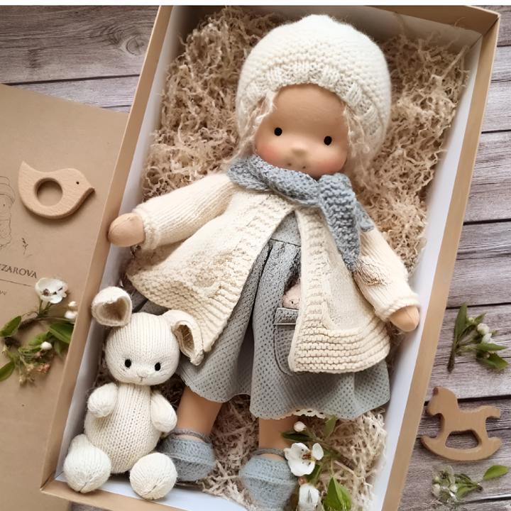 Waldorf doll made with non-toxic, organic dyes, safe for children, cuddly wool & cotton toy