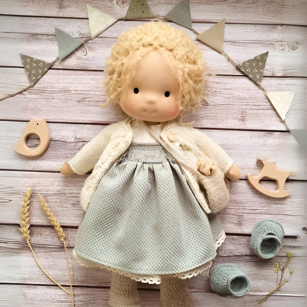 Full-body image of handmade Waldorf doll, neutral design for boys and girls, educational toy