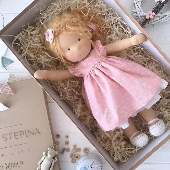 Organic Waldorf doll in a child's bedroom setting, a beloved and comforting presence, soft doll