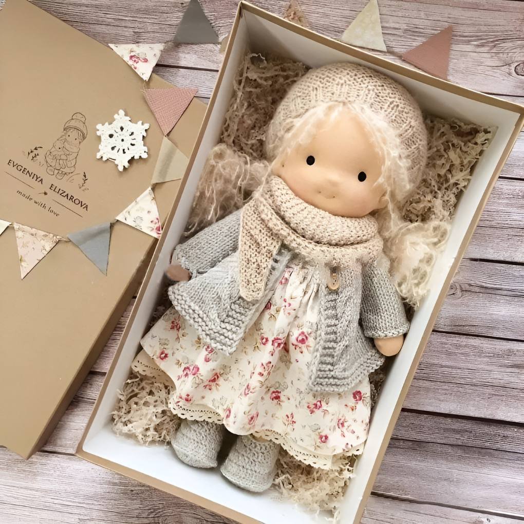 Detailed shot of Waldorf doll's arm joint, showcasing flexibility & movement, organic cotton