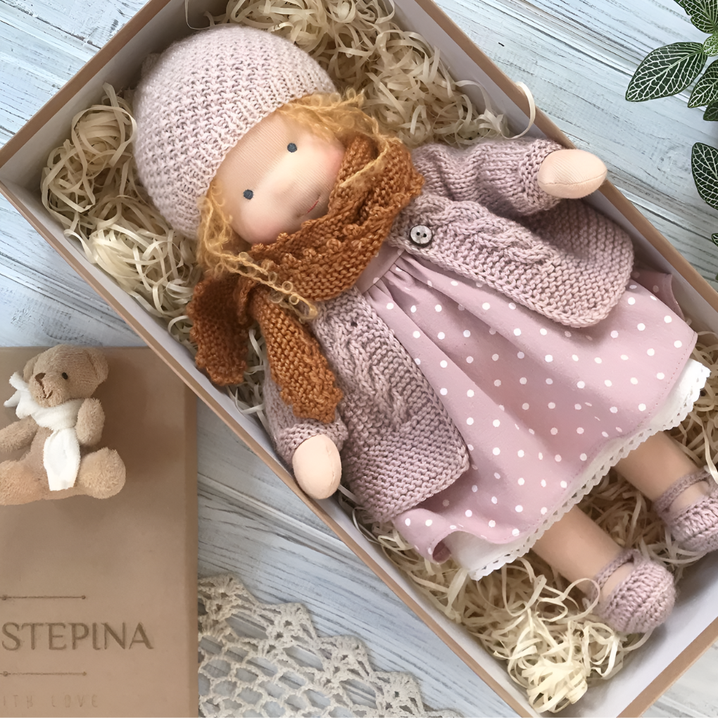 Collection of organic Waldorf dolls in different skin tones & hair colors, diverse children's gift