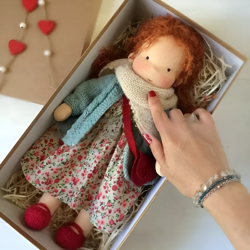 Waldorf doll with a sweet, neutral expression, inviting empathy & imaginative connection, soft